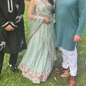 Floral Embroidered Lehenga in green Blue and hot Pink